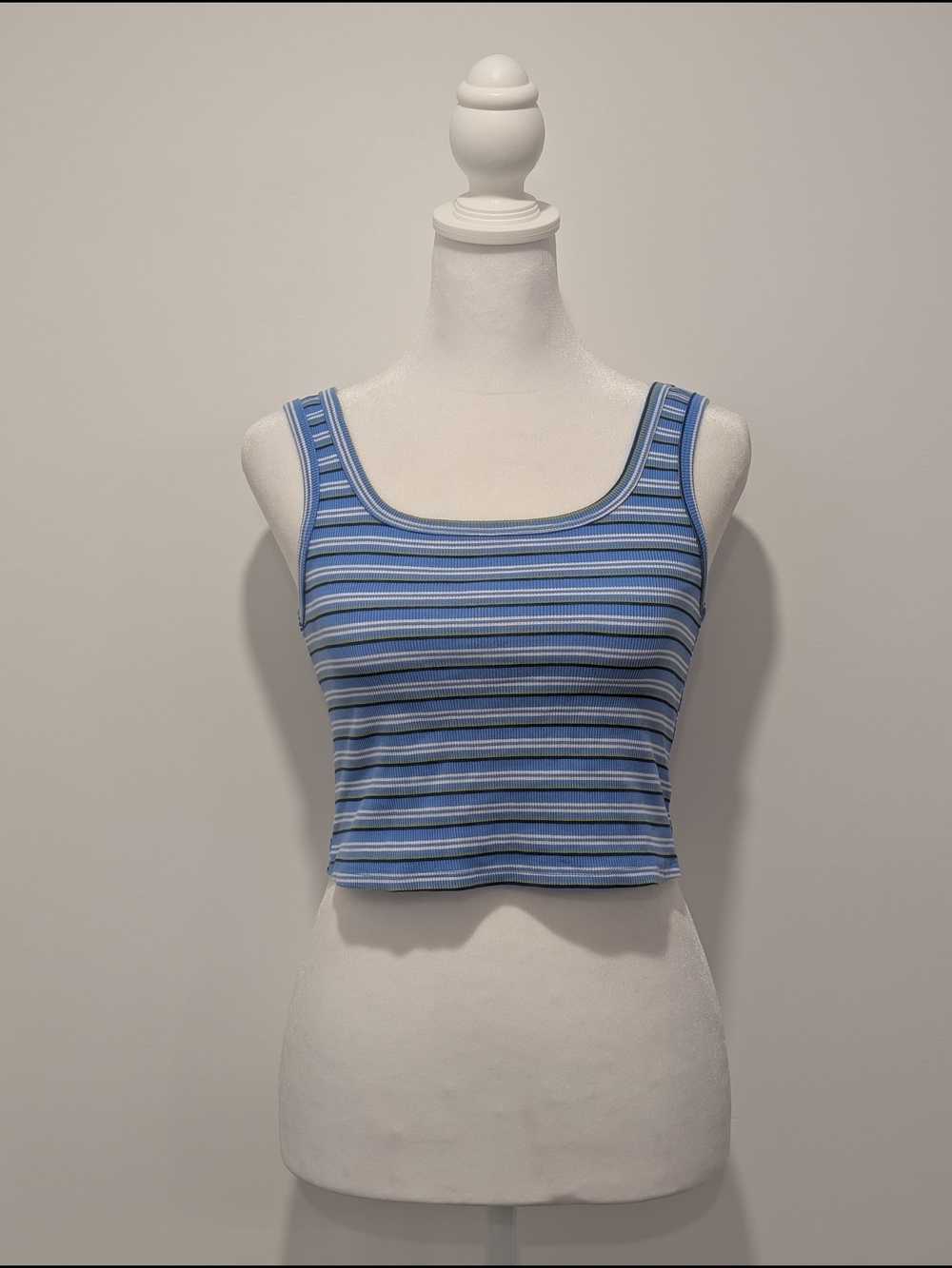 Ardene Basic Ribbed Crop Tank - Powder Blue with Green, White & Navy Stripes